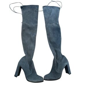 Stuart Weitzman 90MM Highland Block Heel Suede Over The Knee Boots Blue 6‎